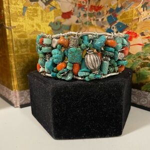 Handmade Turquoise and Coral Cuff Bracelet